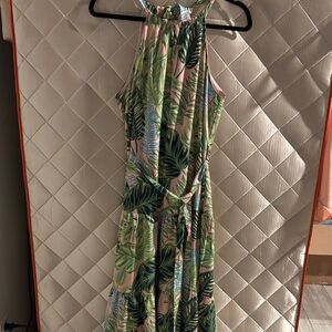 Jade Pink and Green Leaf Print Dress